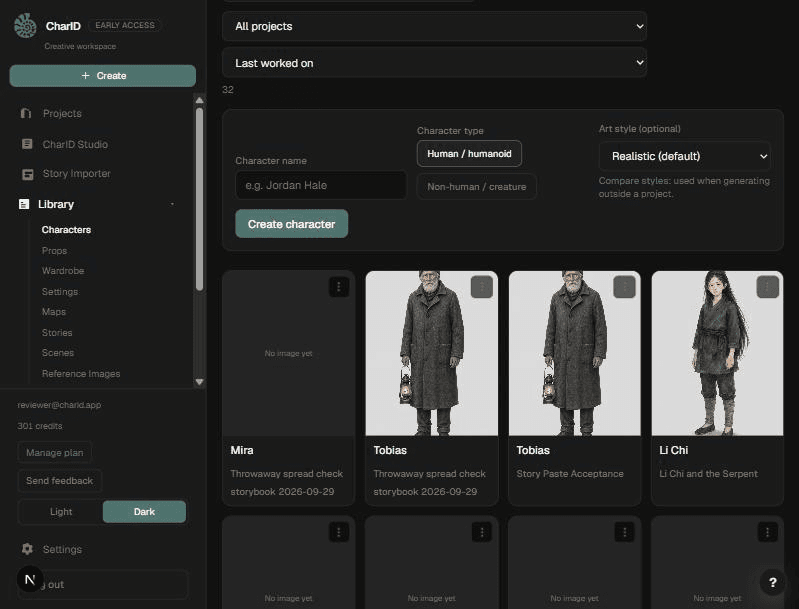 The character library showing a grid of character cards with reference portraits