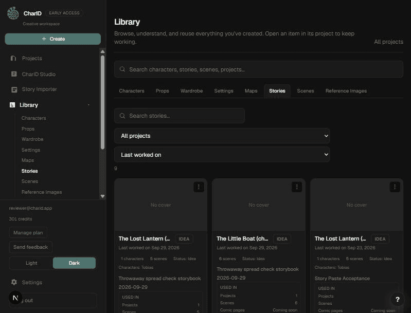 The stories library showing stories with their scene counts, cast, and status