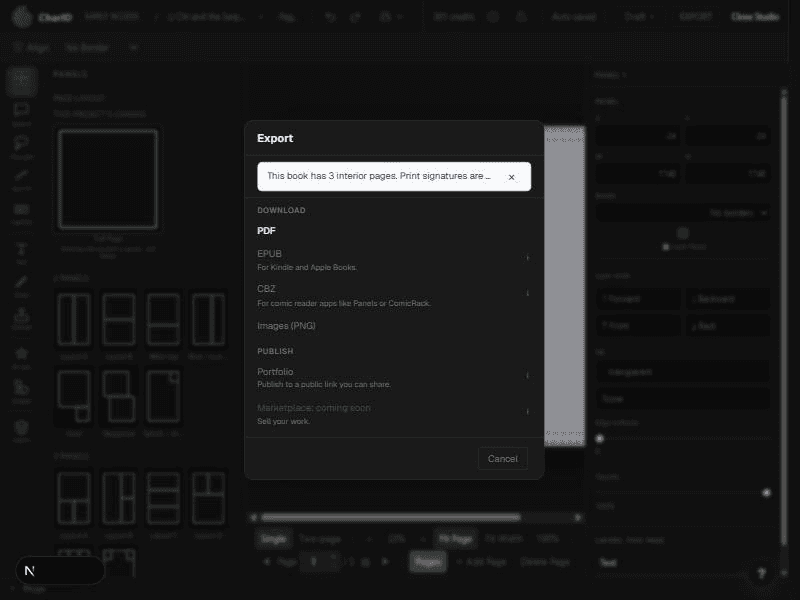 The export dialog showing PDF and publish options