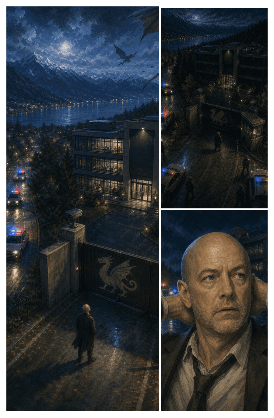 A three-panel City of Dragons page: a dragon flying over a research lab as police arrive, the lab gate under police lights, and Dr. Chadsworth's face.