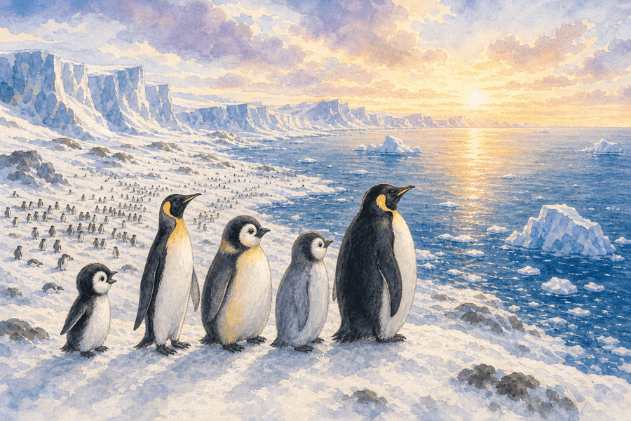 The penguin family and colony gathered on sunset cliffs.