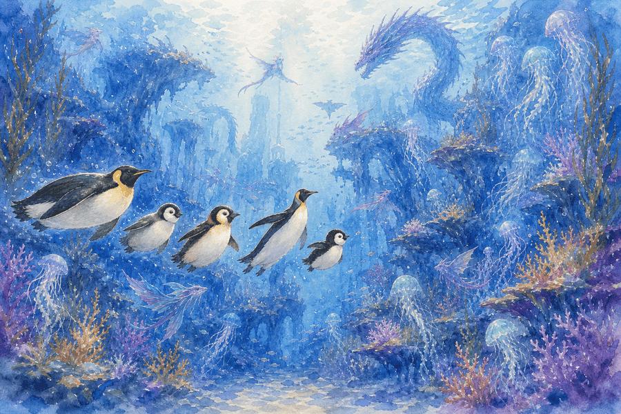 The penguin family swimming through a coral cave with jellyfish and a sea creature.