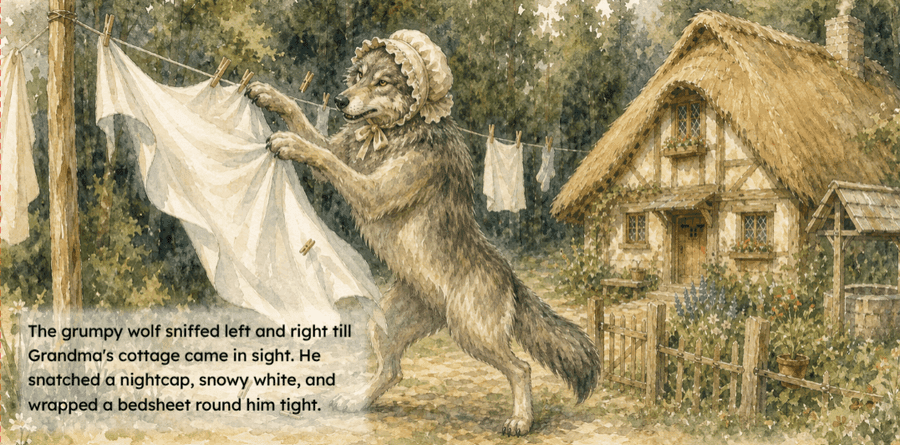 The wolf disguising himself with a nightcap and bedsheet near Grandma's real cottage, with its storybook caption.