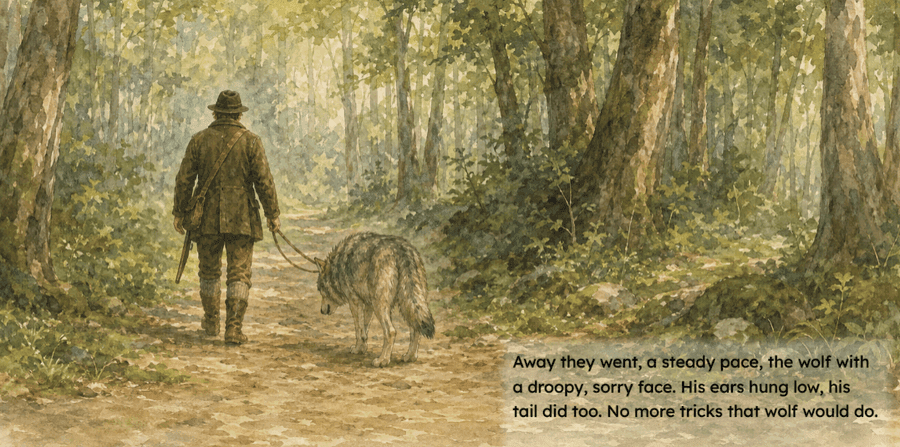 The huntsman walking the tamed wolf away on a leash, with its storybook caption.
