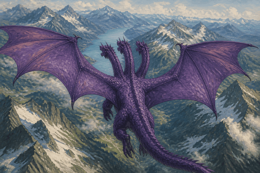 A three-headed dragon in calm flight over mountains and a river.
