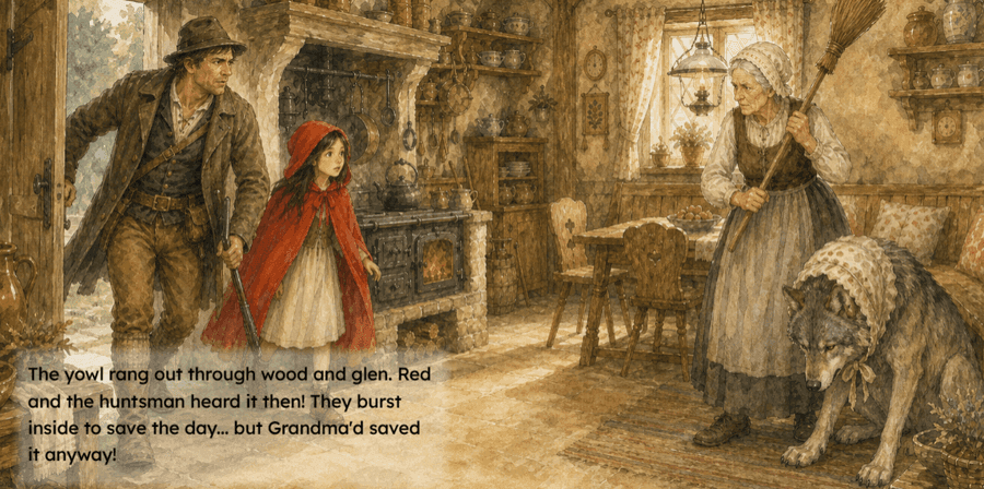 Little Red Riding Hood and the huntsman bursting in to help Grandma, with its storybook caption.
