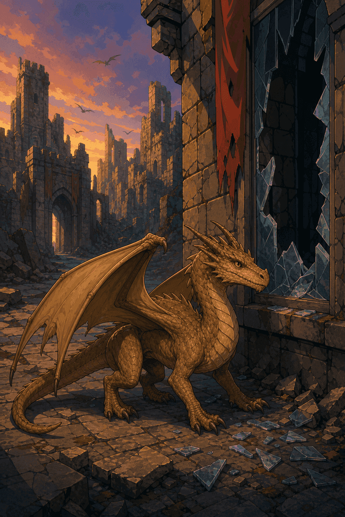 Sarro the dragon by a shattered window, rendered in the Animated Adventure style.