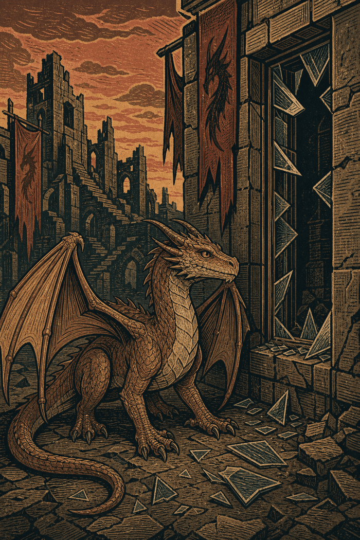 Sarro the dragon by a shattered window, rendered in the Colorized Linocut style.